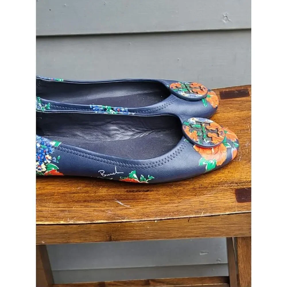 Tory Burch Navy and Red Floral Leather Ballet Flats size 8